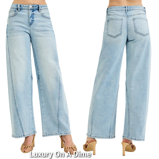 RISEN Baggy Barrel Wide Leg Jeans Mid-Rise Curved Seam Boyfriend Denim Pants Plus Size Available