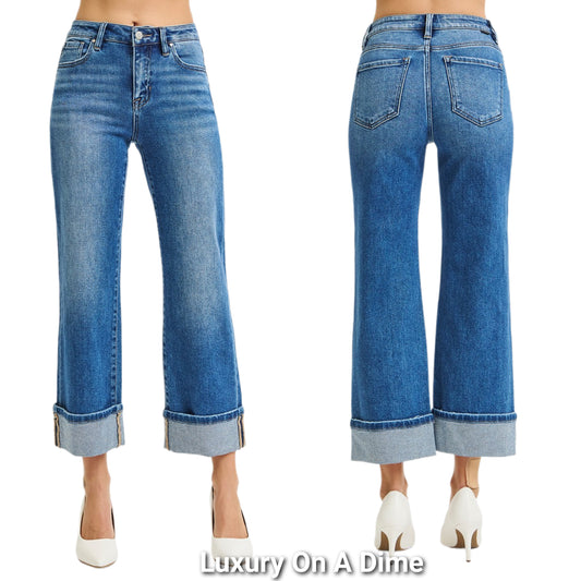 RISEN Mid-Rise Boyfriend Fit Jeans Ankle Cuffed Straight Leg Cropped Denim Pants Plus Size Available