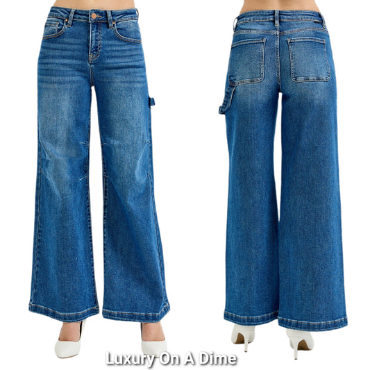 RISEN High-Rise Carpenter Pants 90s Baggy Pleated Wide Leg Slim Fit Denim Jeans Plus Size Available