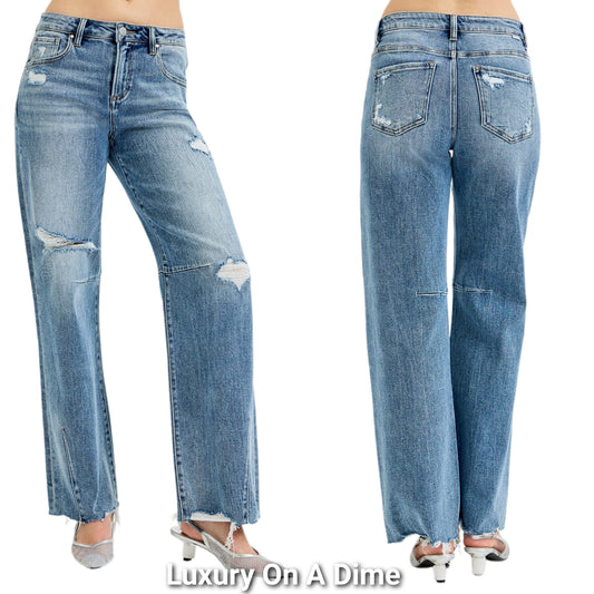 RISEN Baggy Mid-Rise Pleated Wide Leg Distressed Torn Boyfriend Fit Denim Jeans Plus Size Available