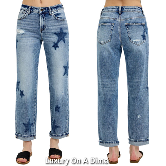 RISEN Dark Star Mid-Rise Boyfriend Fit Cuffed Cropped Pants Straight Leg Denim Jeans Plus Size Available