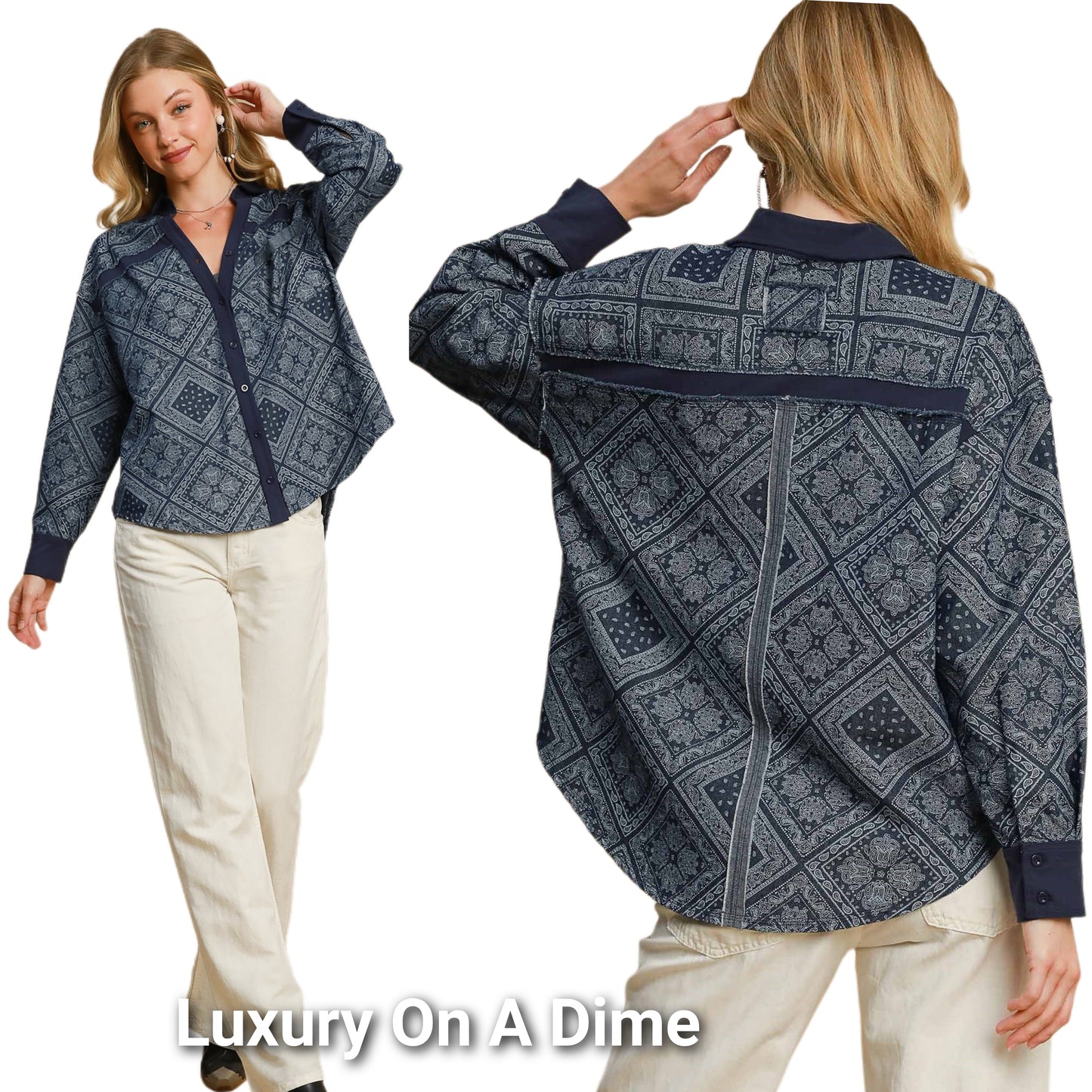 Umgee Denim Shacket Raw Seam Retro Patchwork Paisley Boho Jean Button Dress Shirt Jacket