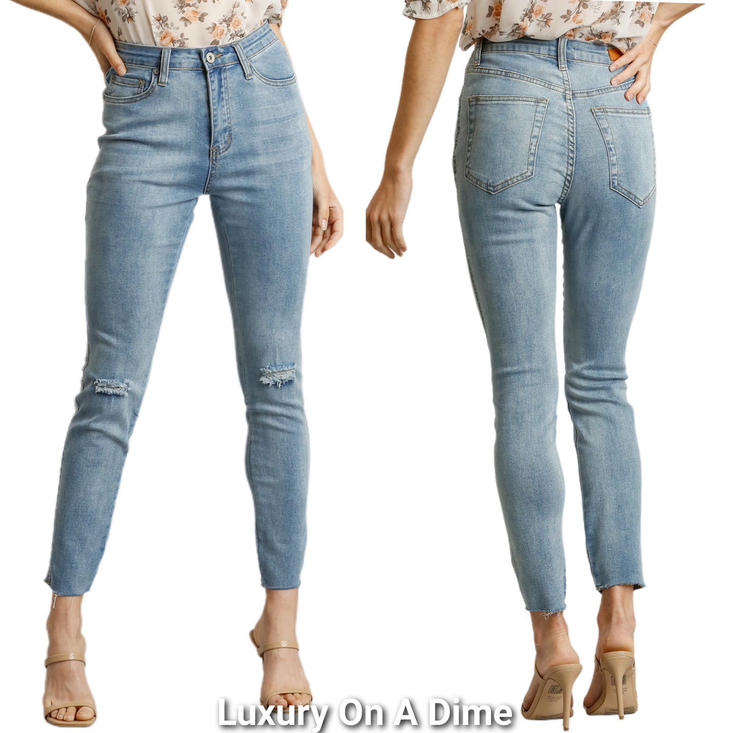 Umgee Skinny High-Rise Stretch Ankle Pants Distressed Denim Slim Fit Raw Hem Jeans