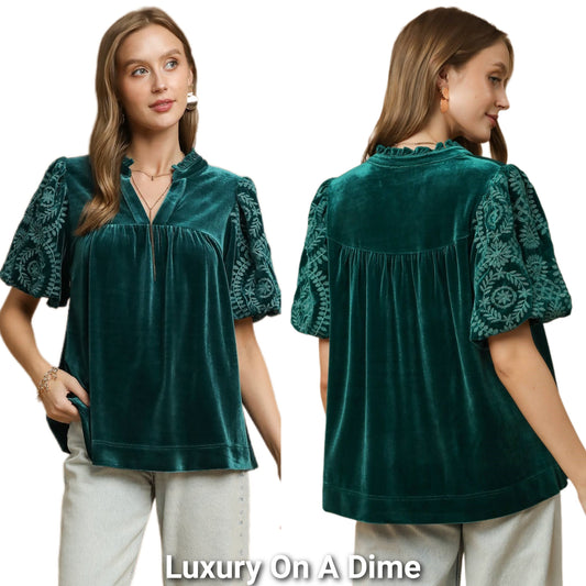 Umgee Velvet Embroidered Floral 70s Retro Babydoll Shirt Top Blouson Sleeve Blouse Green
