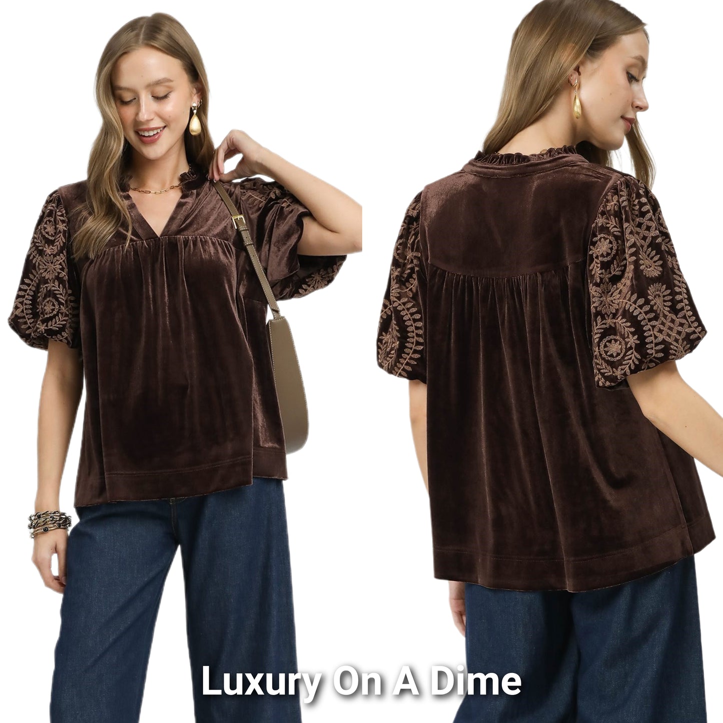 Umgee Velvet Embroidered Floral 70s Retro Babydoll Shirt Top Blouson Sleeve Blouse Plus Size Available