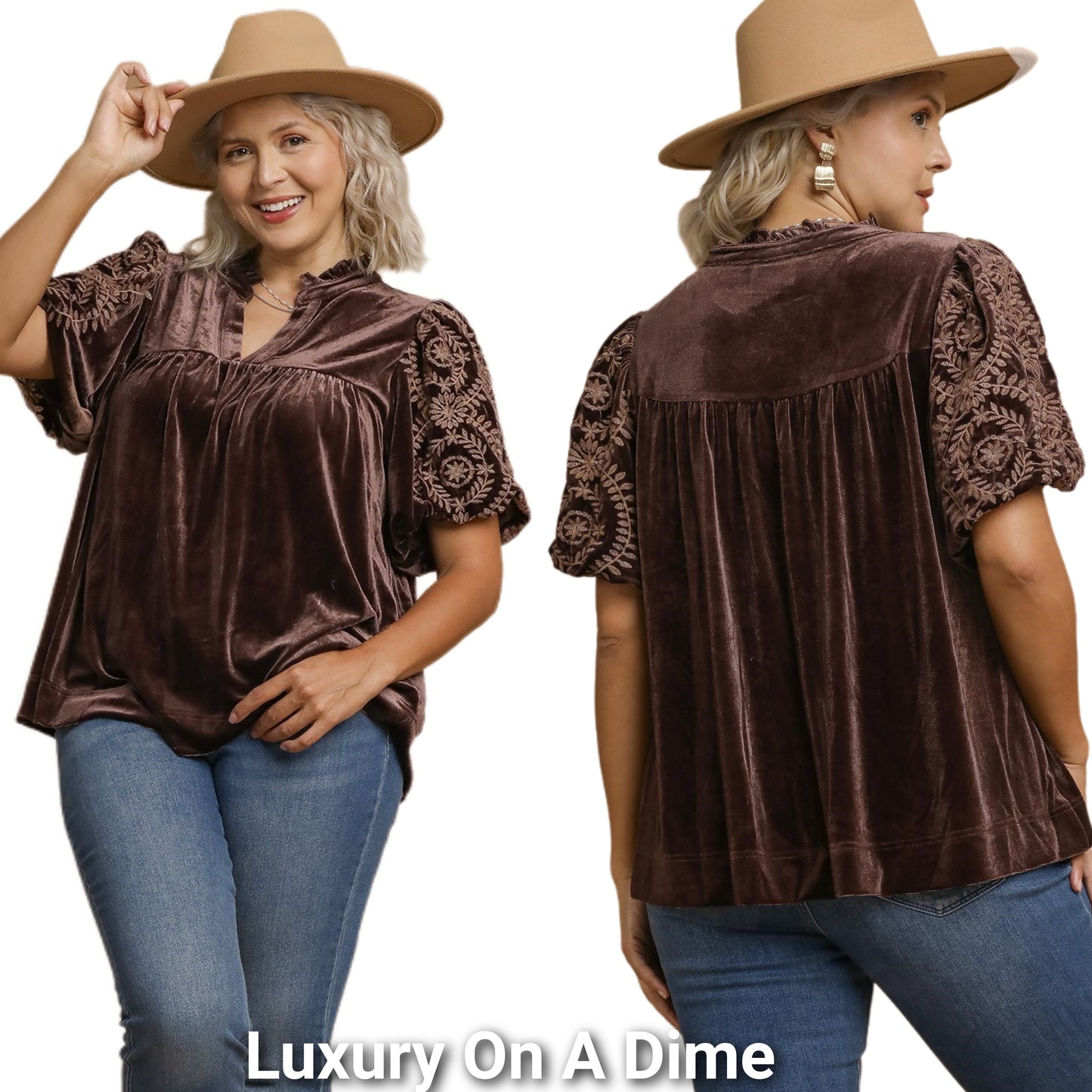 Umgee Velvet Embroidered Floral 70s Retro Babydoll Shirt Top Blouson Sleeve Blouse Plus Size Available