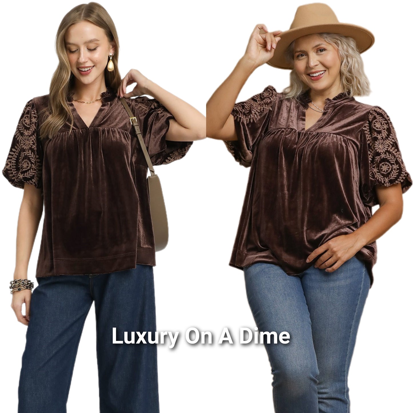 Umgee Velvet Embroidered Floral 70s Retro Babydoll Shirt Top Blouson Sleeve Blouse Plus Size Available