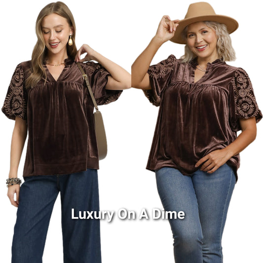Umgee Velvet Embroidered Floral 70s Retro Babydoll Shirt Top Blouson Sleeve Blouse Plus Size Available