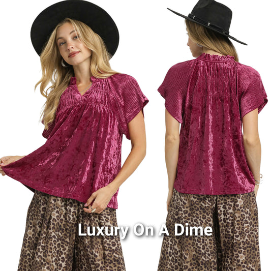 Umgee Crushed Velvet 70s Retro Ruffle Neck Shirt Pleated Top Short Sleeve Blouse