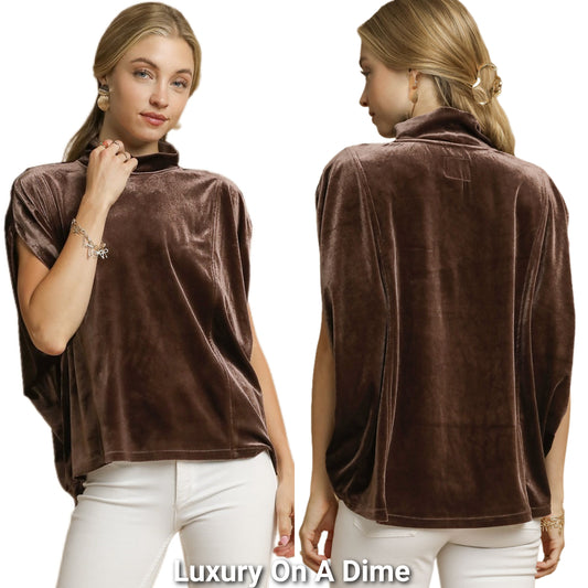 Umgee Crushed Velvet 70s Mock Neck Retro Shirt Oversized Top Sleeveless Blouse Brown