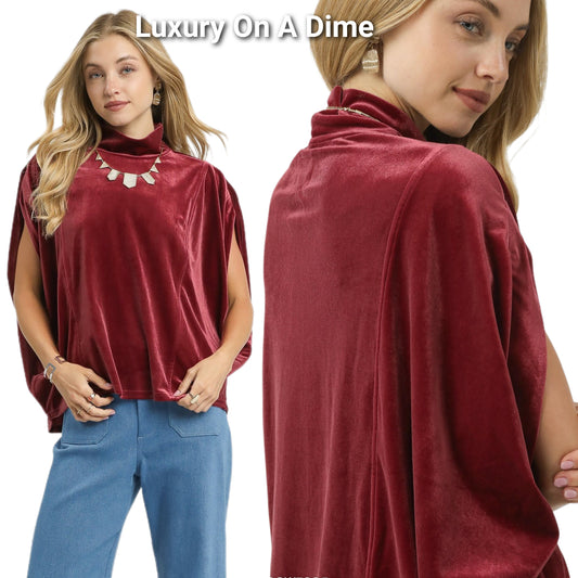Umgee Crushed Velvet 70s Mock Neck Retro Shirt Oversized Top Sleeveless Blouse Rosewood