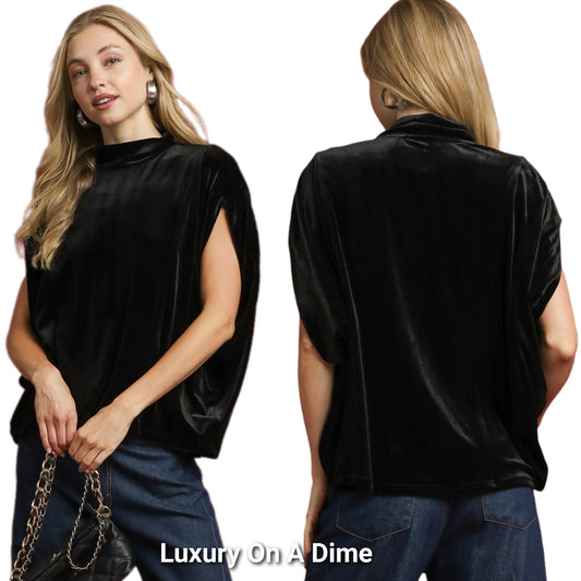 Umgee Crushed Velvet 70s Mock Neck Retro Shirt Oversized Top Sleeveless Blouse Black