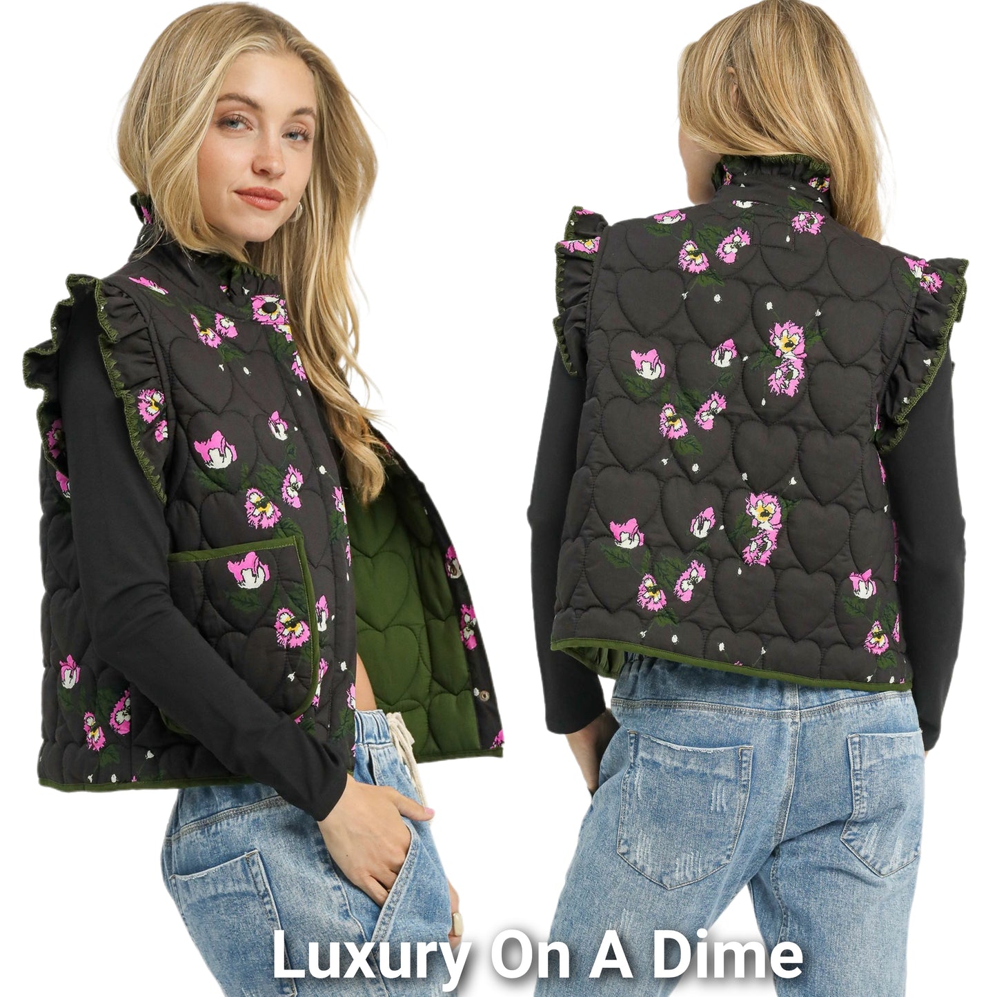 Umgee Heart Quilted Snap Retro Floral Sleeveless Ruffle Embroidered Trim Vest Brown