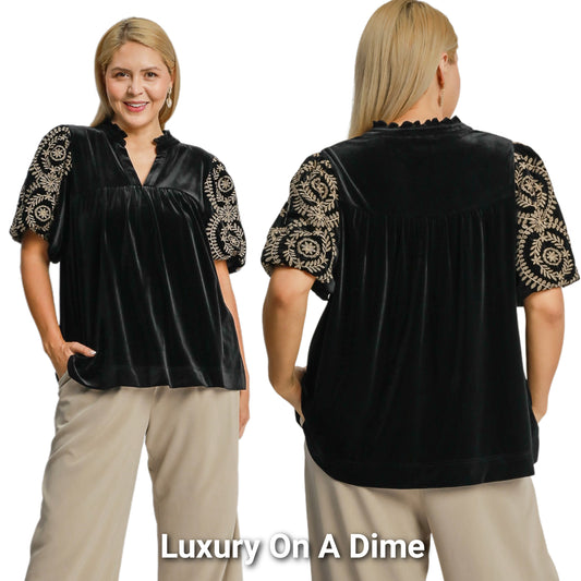 Umgee Velvet Embroidered Floral 70s Retro Babydoll Shirt Top Blouson Sleeve Blouse Plus Size Available Black