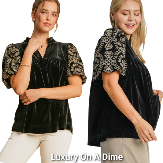 Umgee Velvet Embroidered Floral 70s Retro Babydoll Shirt Top Blouson Sleeve Blouse Plus Size Available Black