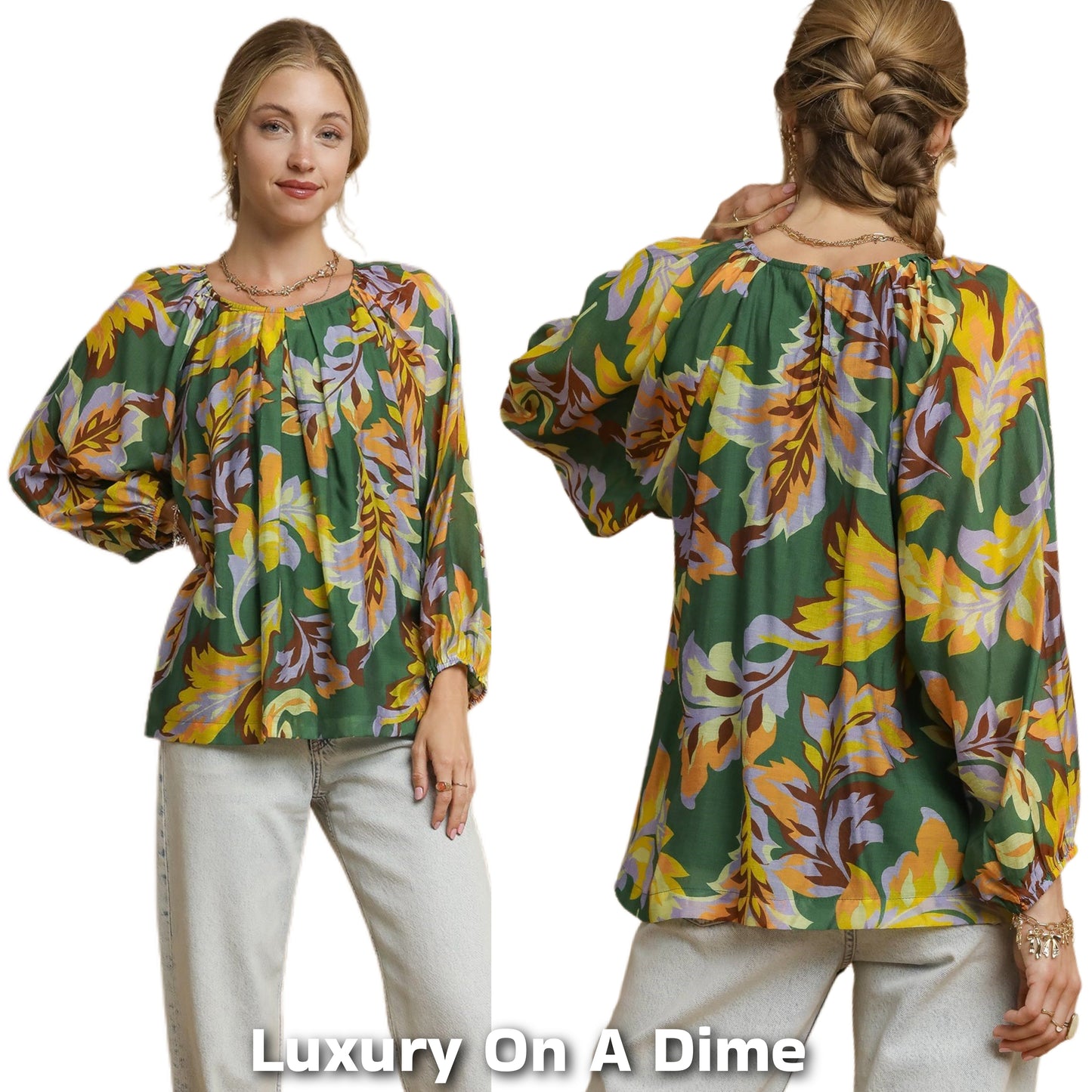 Umgee Abstract Botanical Shirt Pleated Neck Retro 70's Top Long Balloon Sleeve Blouse