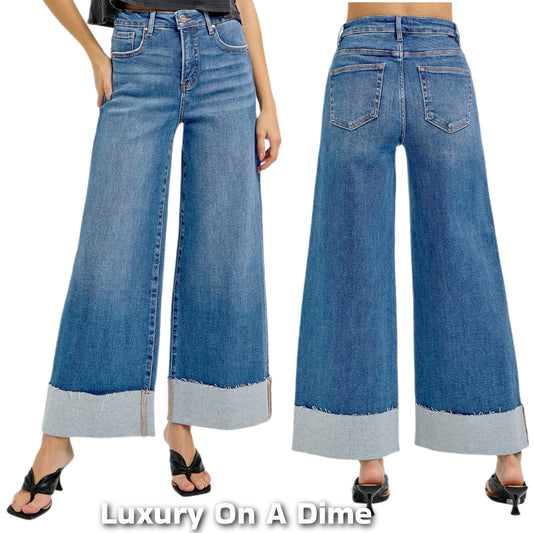 RISEN High-Rise Tummy Control Pants Baggy Wide Leg Crop Cuffed Hem Denim Jeans Plus Size Available