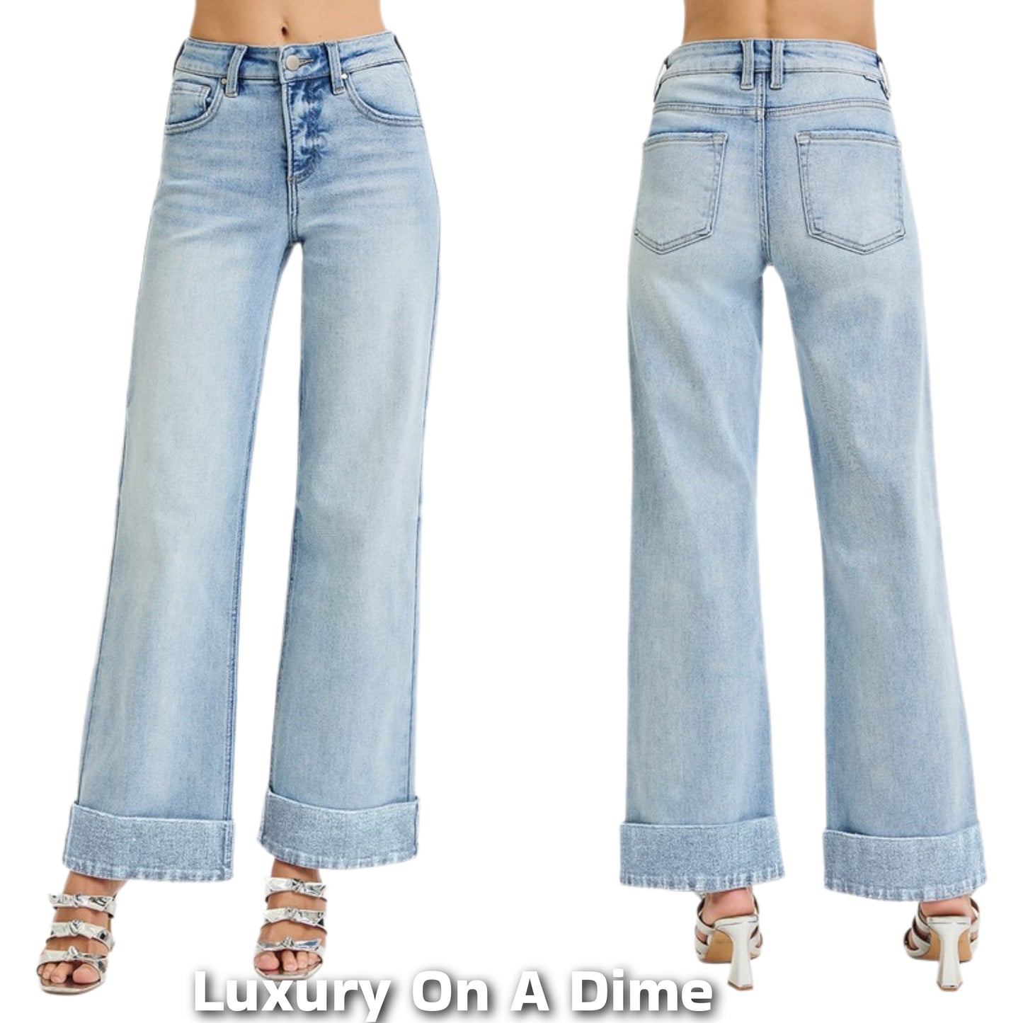 RISEN High-Rise Tummy Control Waist Pants Wide Leg Crop Cuffed Hem Denim Jeans Plus Size Available
