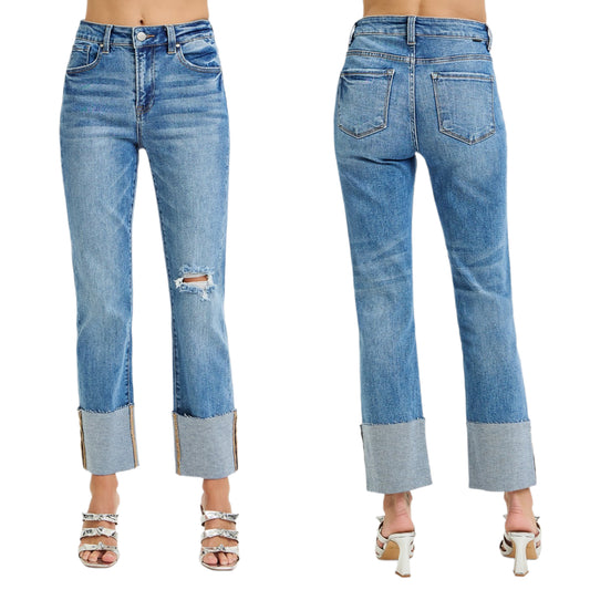 RISEN High-Rise Straight Leg Ankle Jeans Wide Cuffed Hem Distressed Denim Pants Plus Size Available