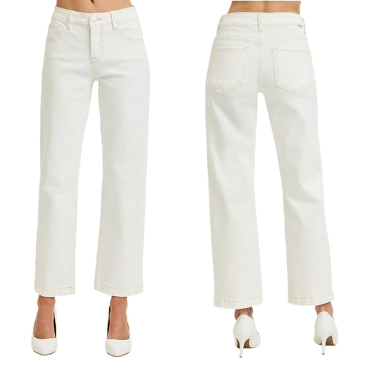 RISEN Mid-Rise Tummy Control Slim Fit Jeans Ankle Hem Straight Leg Cream Denim Pants Plus Size Available