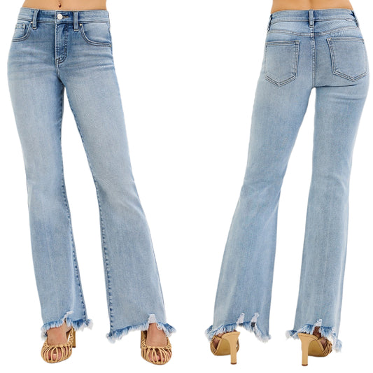 RISEN Mid-Rise Tummy Control Jeans Slim Flare Leg Raw Frayed Hem Denim Pants Plus Size Available