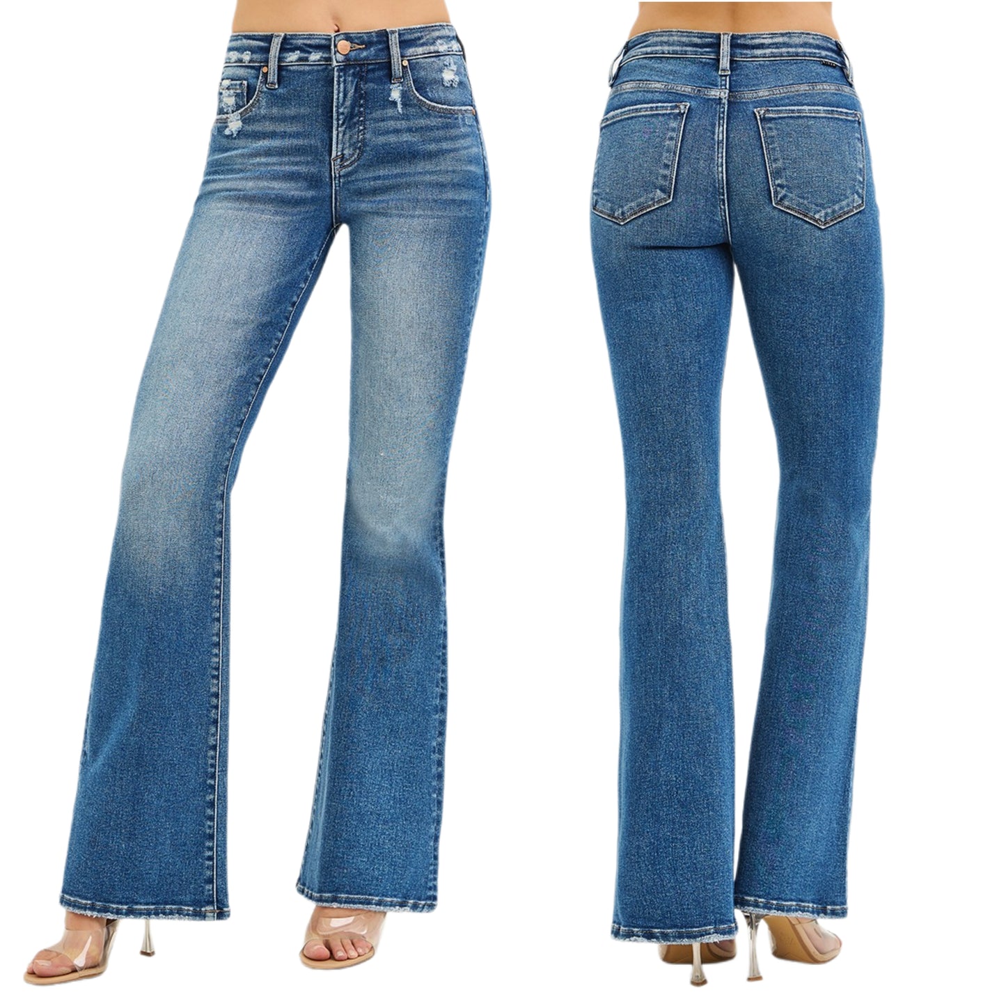 RISEN High-Rise Tummy Control Jeans Flare Leg Slim Fit Distressed Denim Pants Plus Size Available