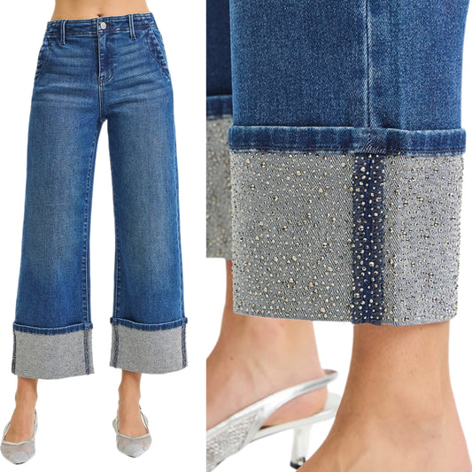 RISEN Rhinestone High-Rise Waist Cropped Pants Wide Leg Cuffed Hem Denim Jeans