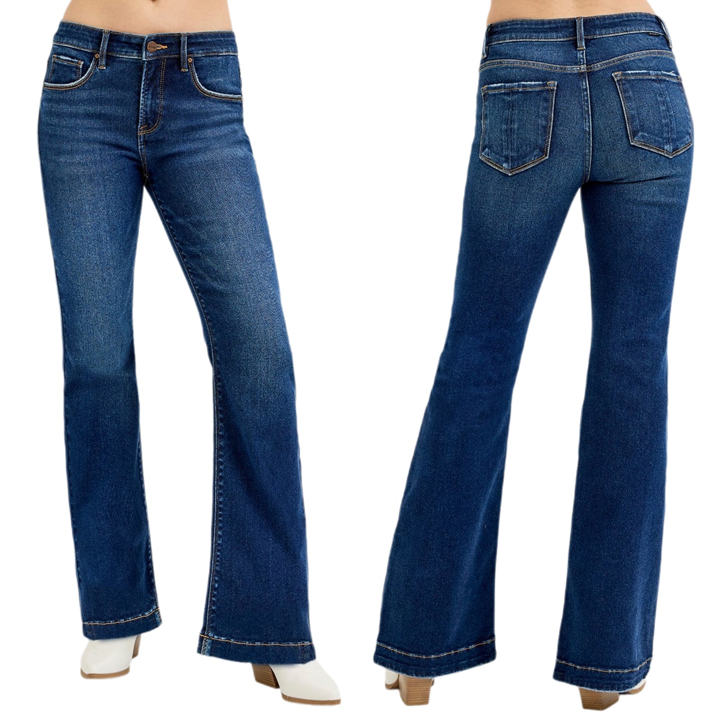 RISEN Mid-Rise Tummy Control Jeans Slim Flare Leg Released Raw Hem Denim Pants Plus Size Available