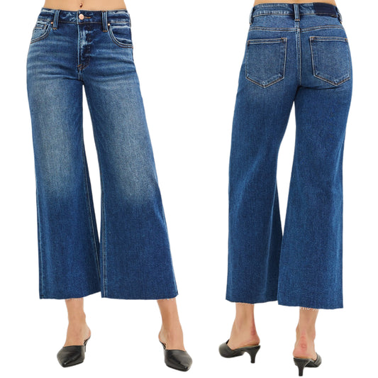 RISEN Mid-Rise Slim Fit Jeans Cropped Baggy Wide Leg Cut Raw Hem Denim Pants Plus Size Available