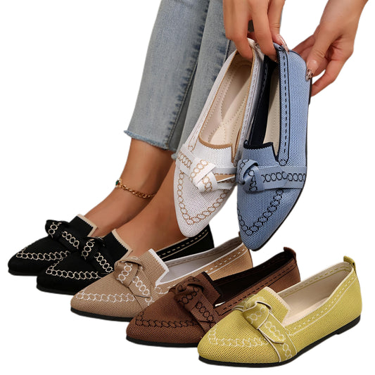 Pointed Bow Top Knit Ballet Flat Casual Loafer Contrast Color Trim Slip-on Shoes