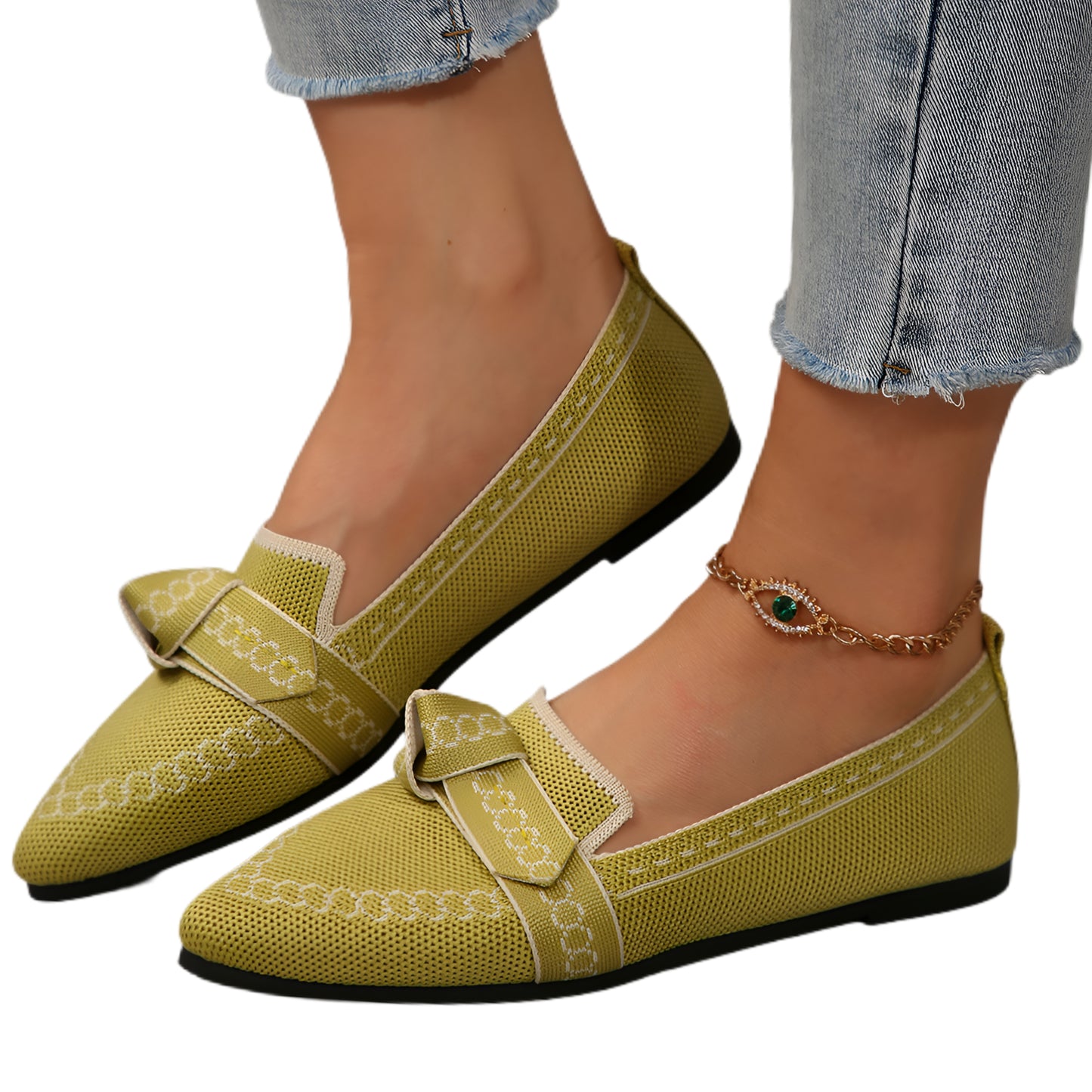 Pointed Bow Top Knit Ballet Flat Casual Loafer Contrast Color Trim Slip-on Shoes