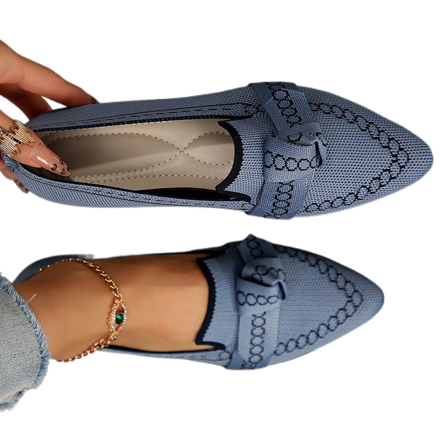 Pointed Bow Top Knit Ballet Flat Casual Loafer Contrast Color Trim Slip-on Shoes