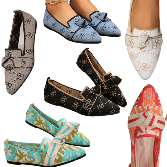 Pointed Bow Top Knit Contrasting Print Ballet Flat Casual Loafer Slip-on Shoes
