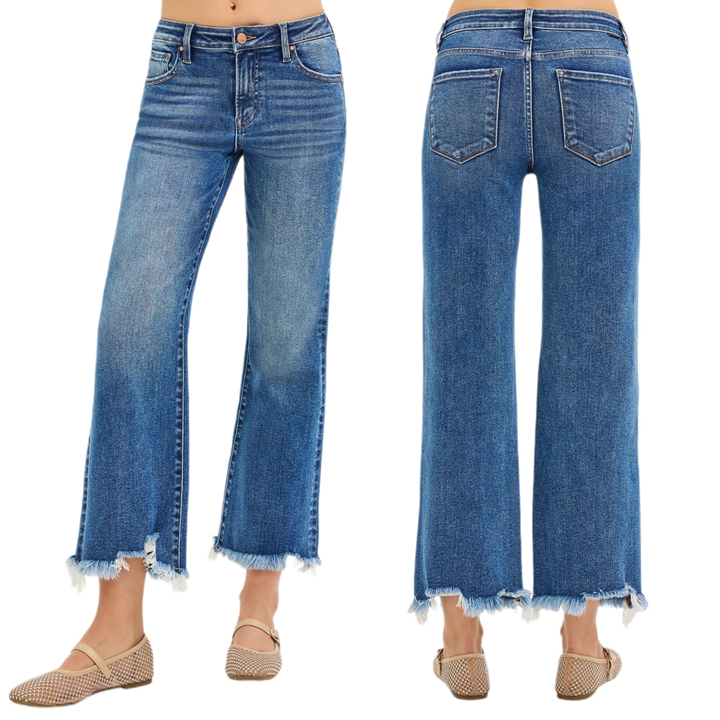 RISEN Mid-Rise Slim Fit Straight Leg Ankle Cropped Raw Frayed Hem Denim Pants Plus Size Available
