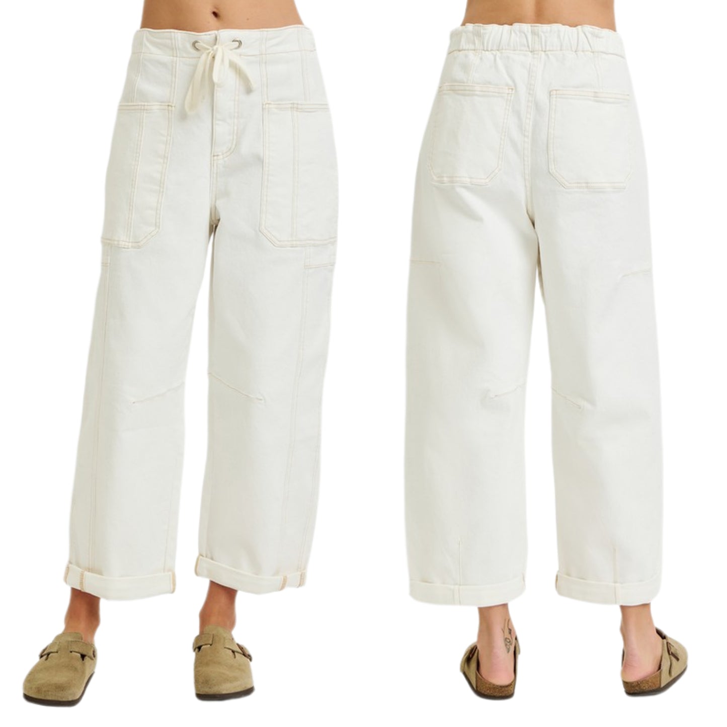 RISEN Wide Barrel Jeans Drawstring High-rise Cuffed Hem Baggy Cargo Denim Pants Plus Size Available