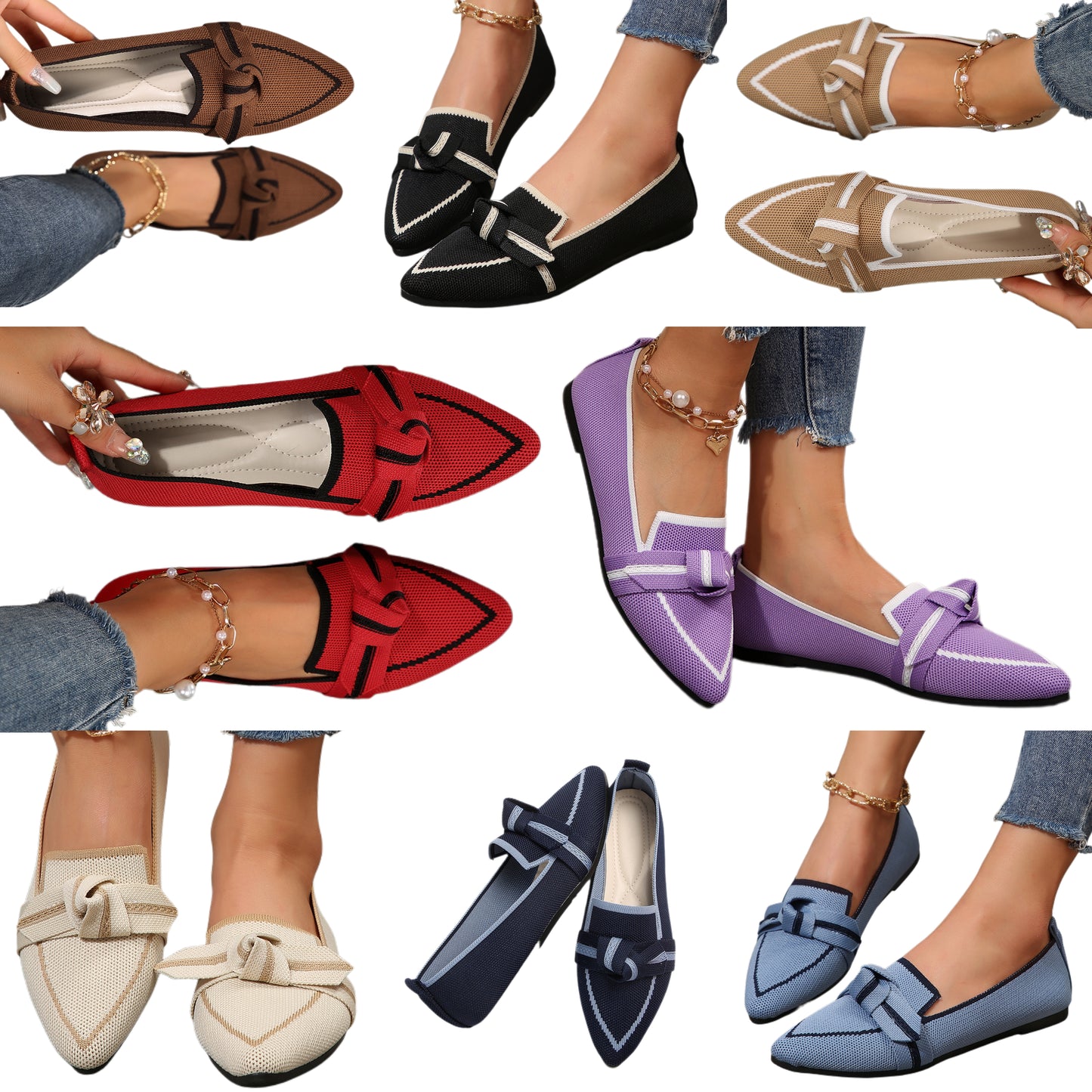 Pointed Bow Top Knit Contrasting Stripe Ballet Flat Casual Loafer Slip-on Shoes