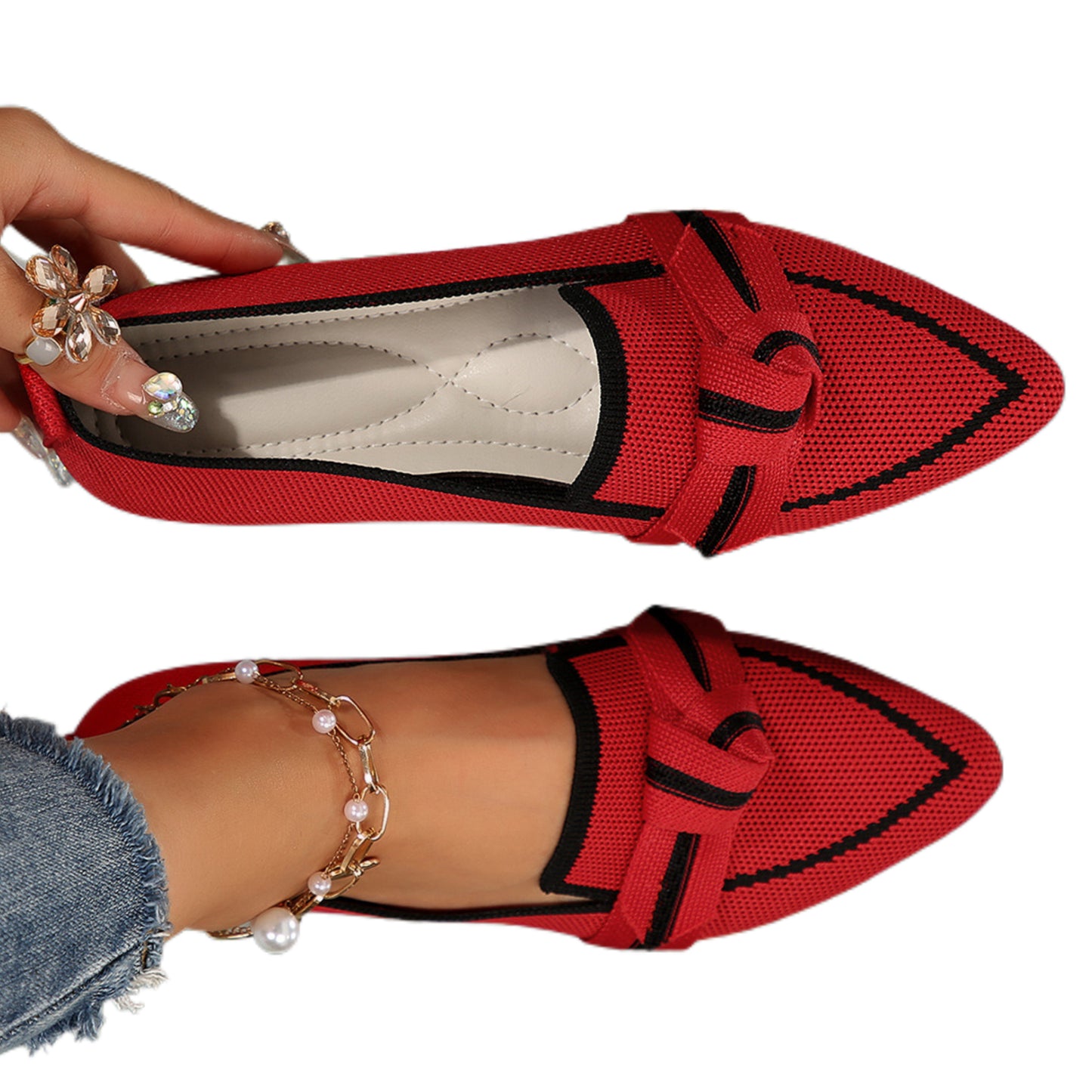 Pointed Bow Top Knit Contrasting Stripe Ballet Flat Casual Loafer Slip-on Shoes