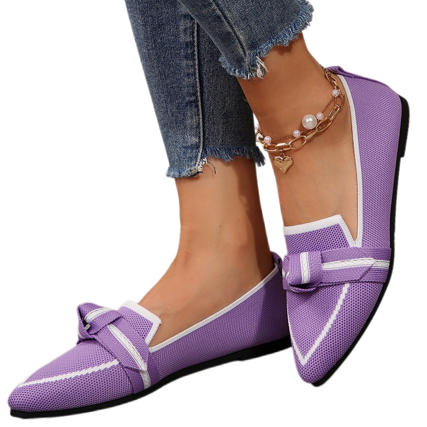 Pointed Bow Top Knit Contrasting Stripe Ballet Flat Casual Loafer Slip-on Shoes