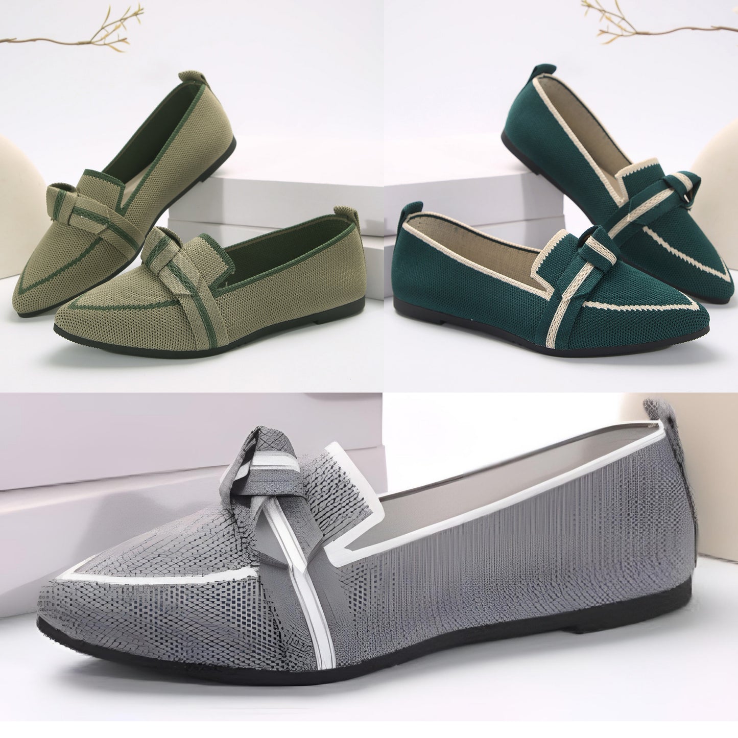 Pointed Bow Top Knit Contrasting Stripe Ballet Flat Casual Loafer Slip-on Shoes