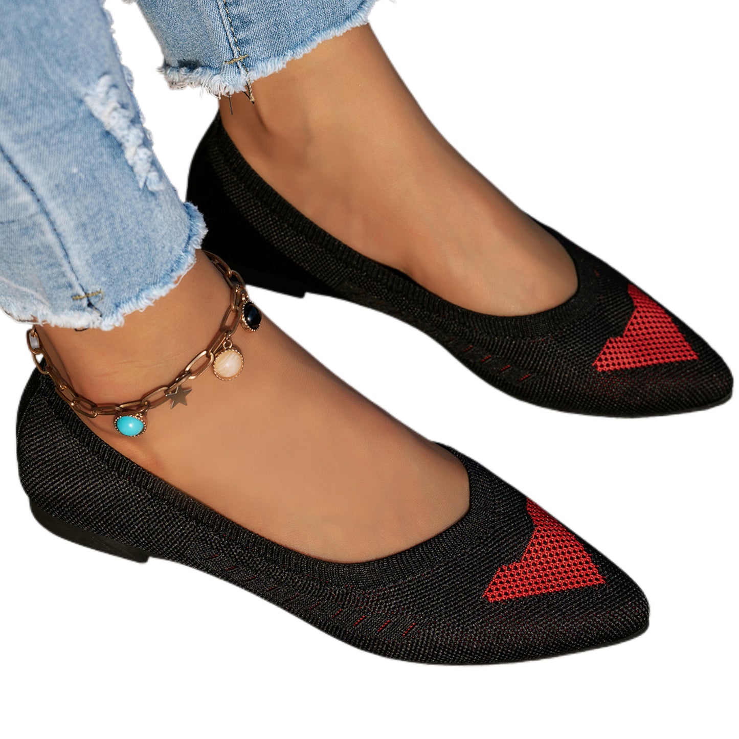 Pointed Toe Mesh Knit Contrasting Print Ballet Flat Casual Loafer Slip-on Shoes