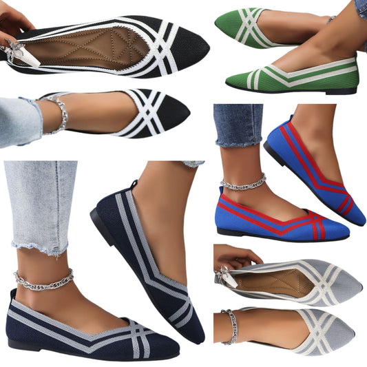 Pointed Toe Mesh Knit Contrasting Print Ballet Flat Casual Loafer Slip-on Shoes