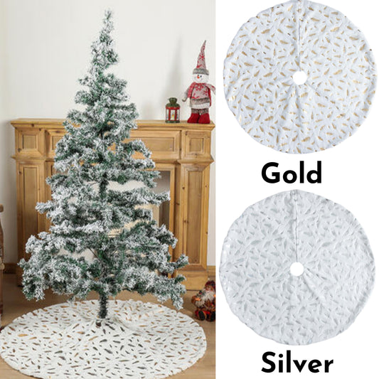 Feather Print Christmas Tree Skirt White Metallic Gold or Silver 47.4"