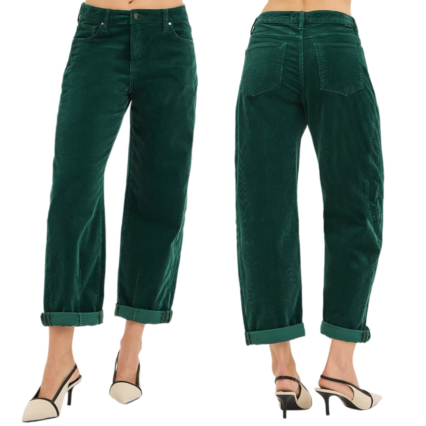 RISEN Barrel Corduroy Jeans High-rise Tapered Palazzo Roll Cuff Hem Denim Pants Green