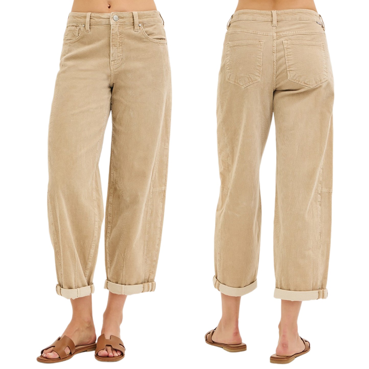 RISEN Barrel Corduroy Jeans High-rise Tapered Palazzo Roll Cuff Hem Denim Pants Tan