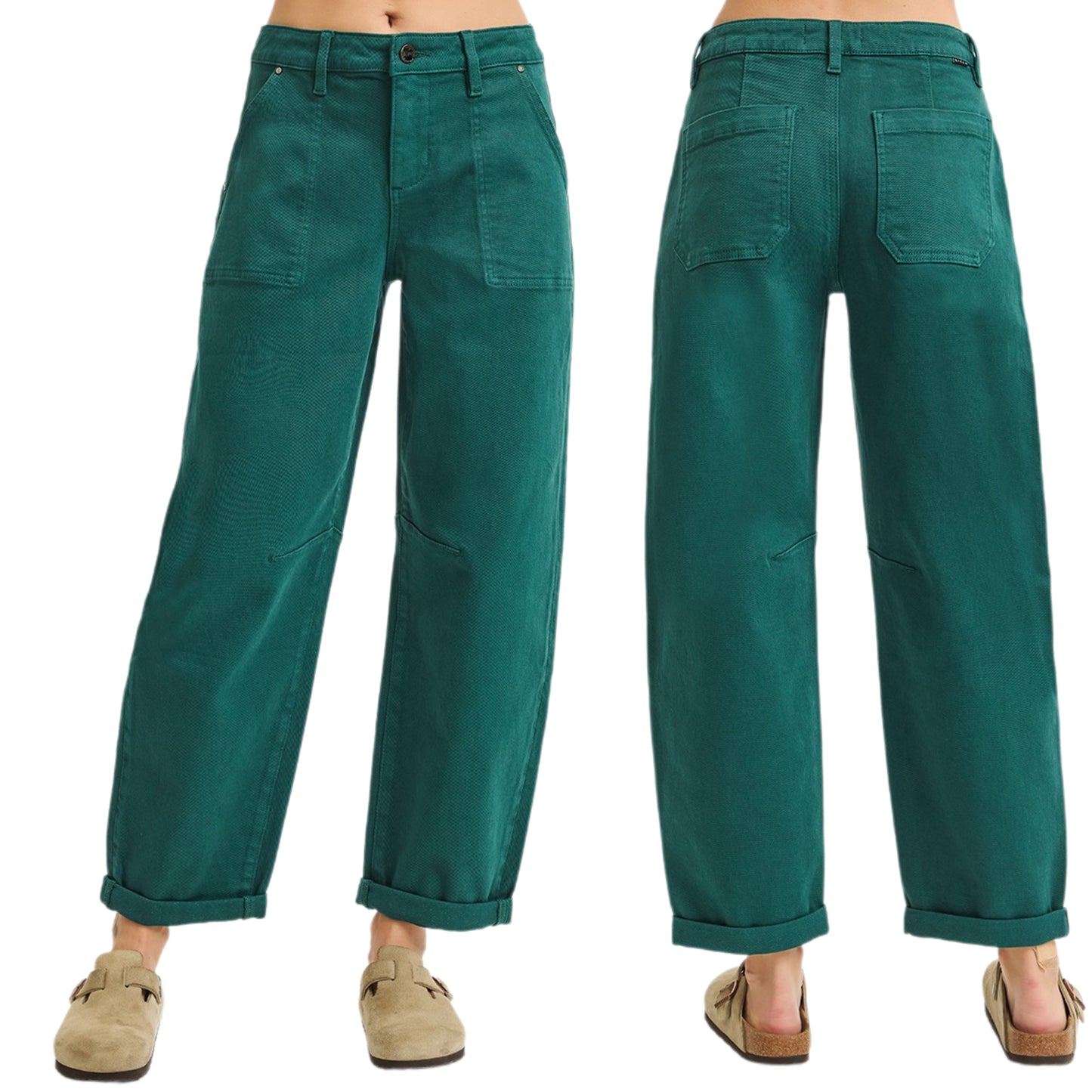 RISEN Barrel Jeans High-rise Tapered Cuffed Palazzo Cropped Hem Denim Pants Green