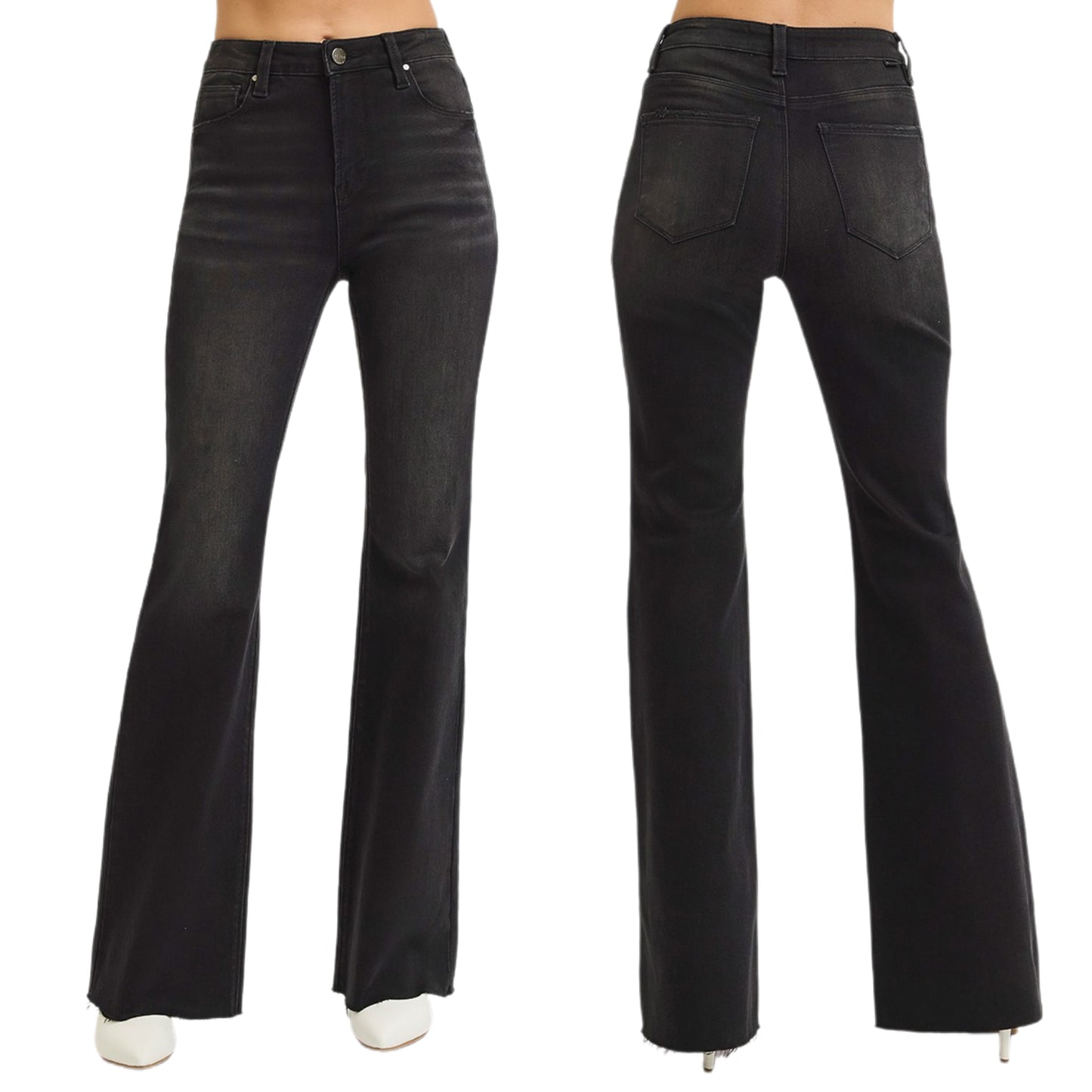 RISEN High-Rise Retro 70s Flare Leg Wide Cut Raw Hem Pants Slim Fit Denim Jeans Black Plus Size Available