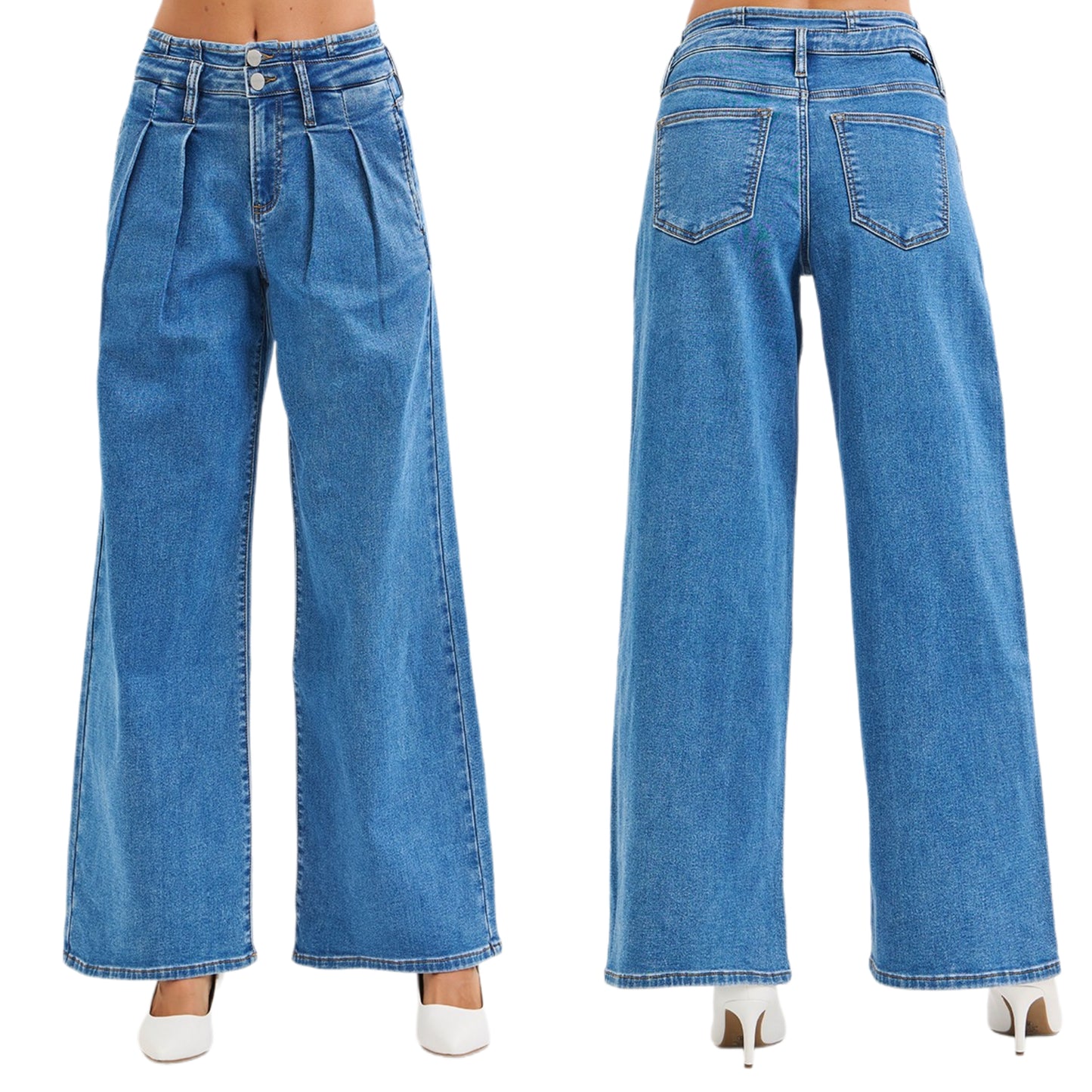 RISEN Baggy Mid-Rise Pleated Waist Double Button Wide Leg Palazzo Denim Jeans Plus Size Available