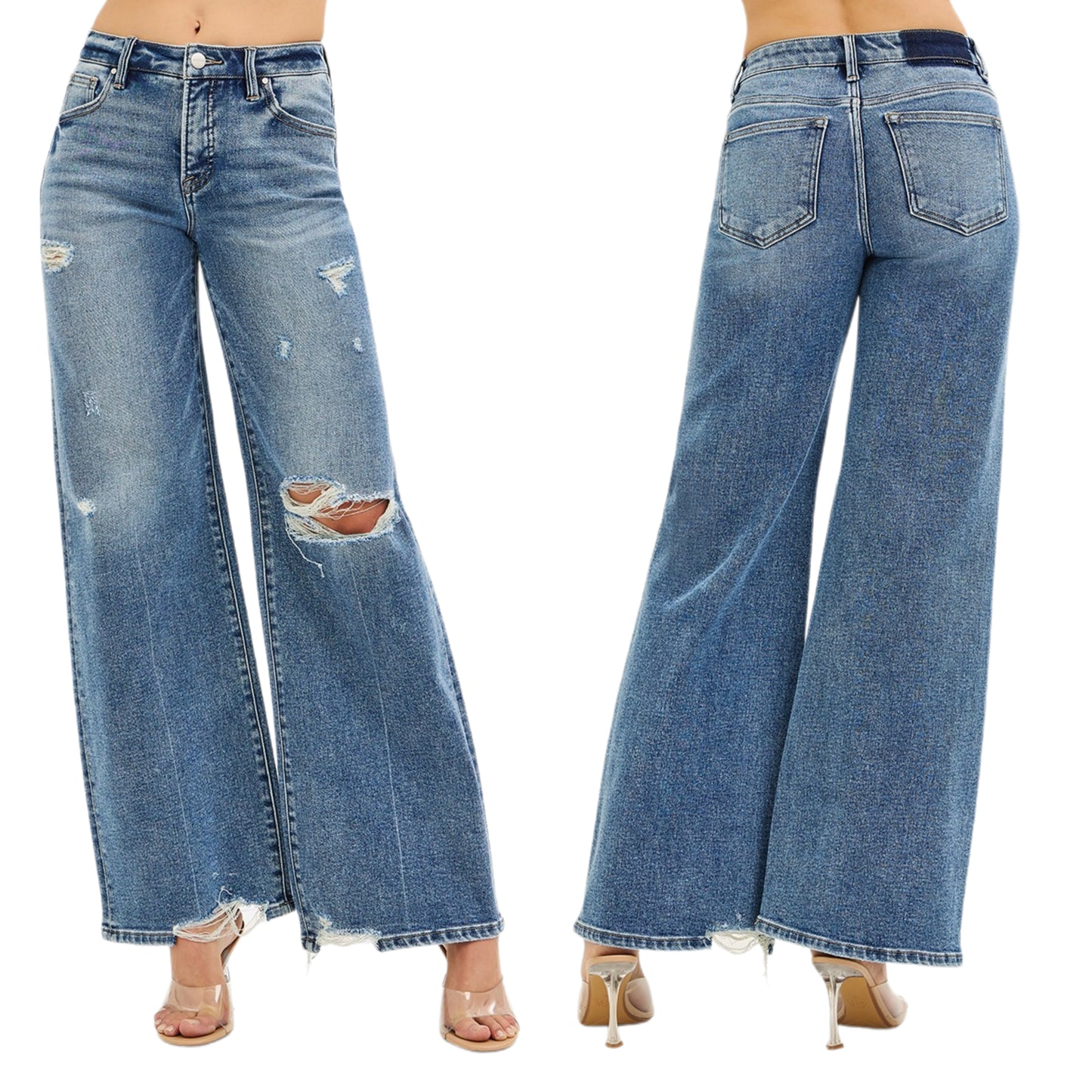 RISEN Mid-Rise Tummy Control Slim Fit Baggy Wide Leg Pants Distressed Denim Jeans