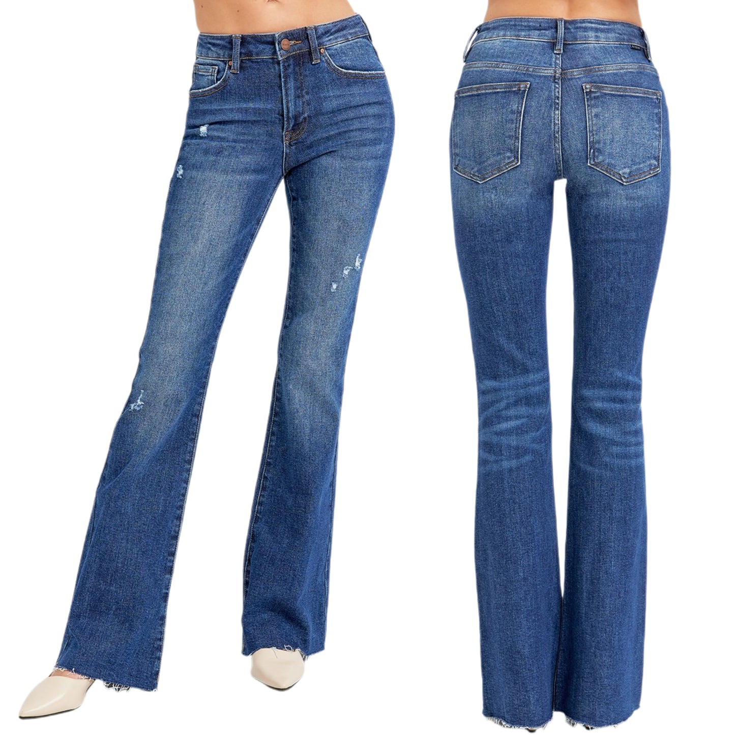 RISEN Mid-Rise Jeans Slim Fit Flare Leg Distressed Frayed Raw Hem Denim Pants Plus Size Available