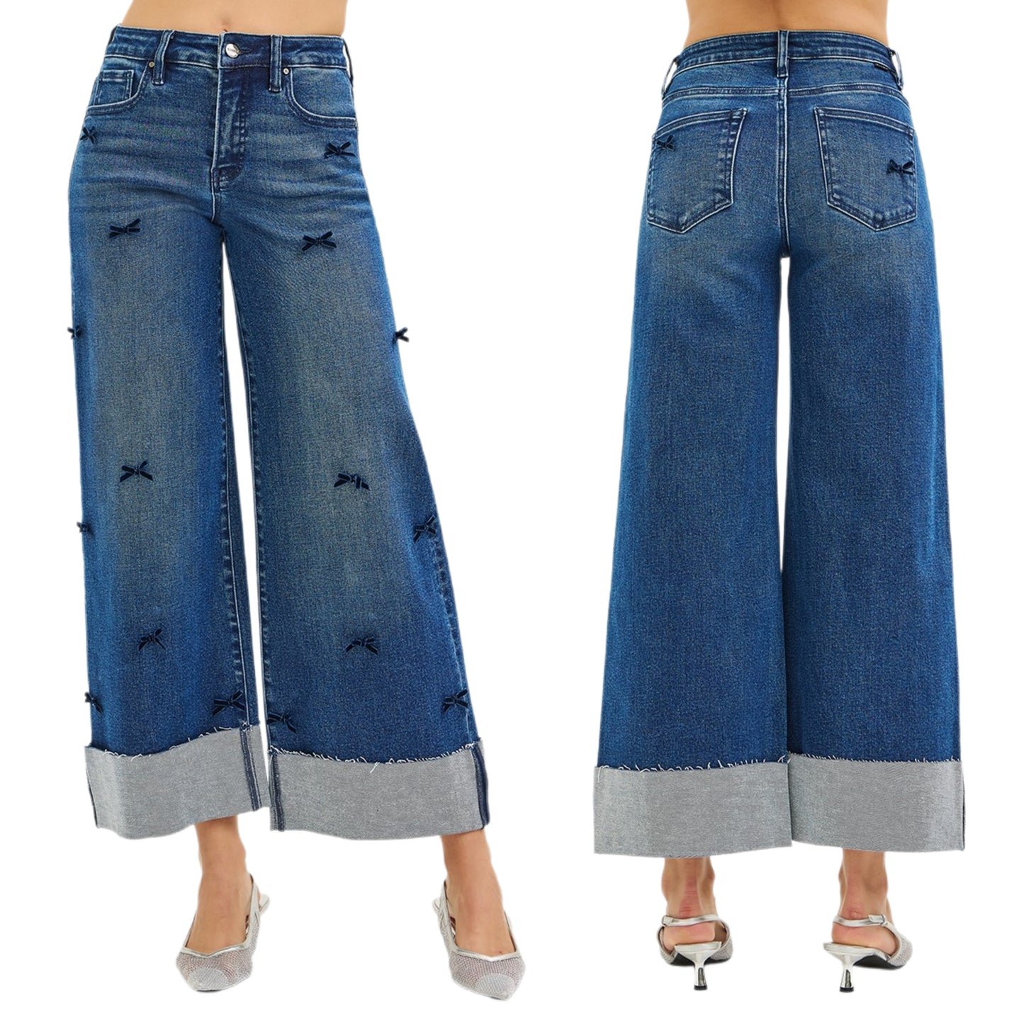 RISEN Bow Ribbon High-Rise Wide Leg Relaxed Fit Cropped Pants Cuffed Hem Denim Jeans